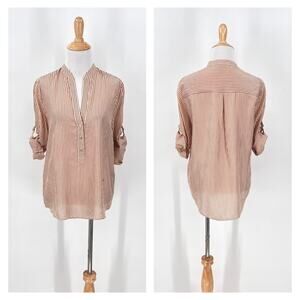 MASSIMO DUTTI Silk Striped Top Womens 6 Split Neck Roll Tab Popover Blouse